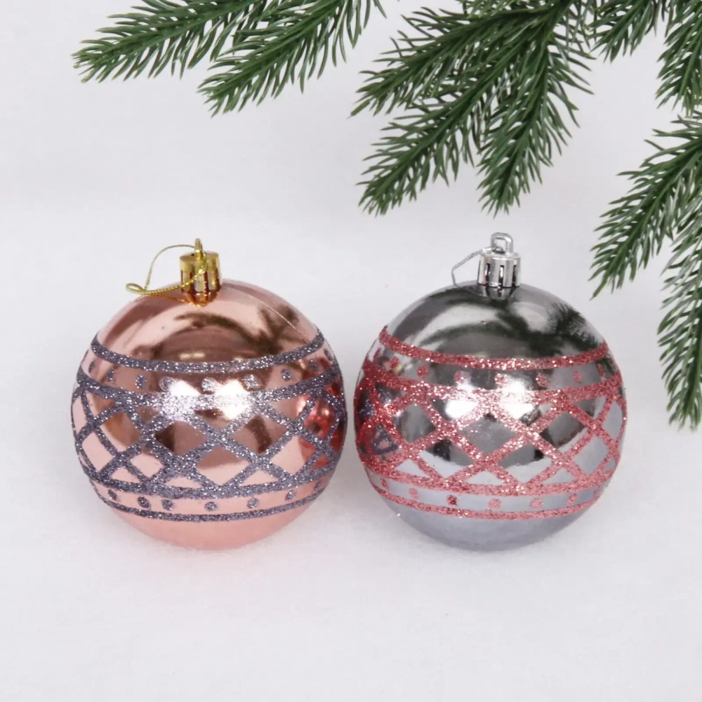 Новогодние шары 8 см (набор 2 шт) «Зимний узор», розовое золото/графит