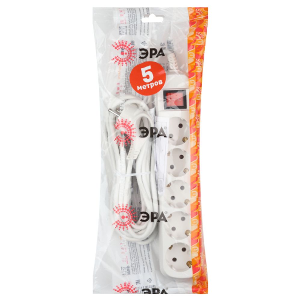 Удлинитель электрический ЭРА UX-5es-5m с заземлением с выключателем 5 розеток 5 м ПВС 3x0,75мм2 10А | Бытовые удлинители
