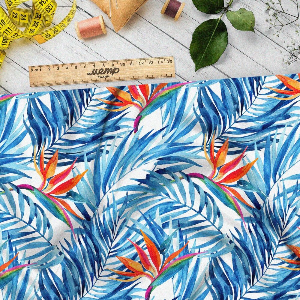 Ткань блэкаут синие раскидистые листья с оранжевыми