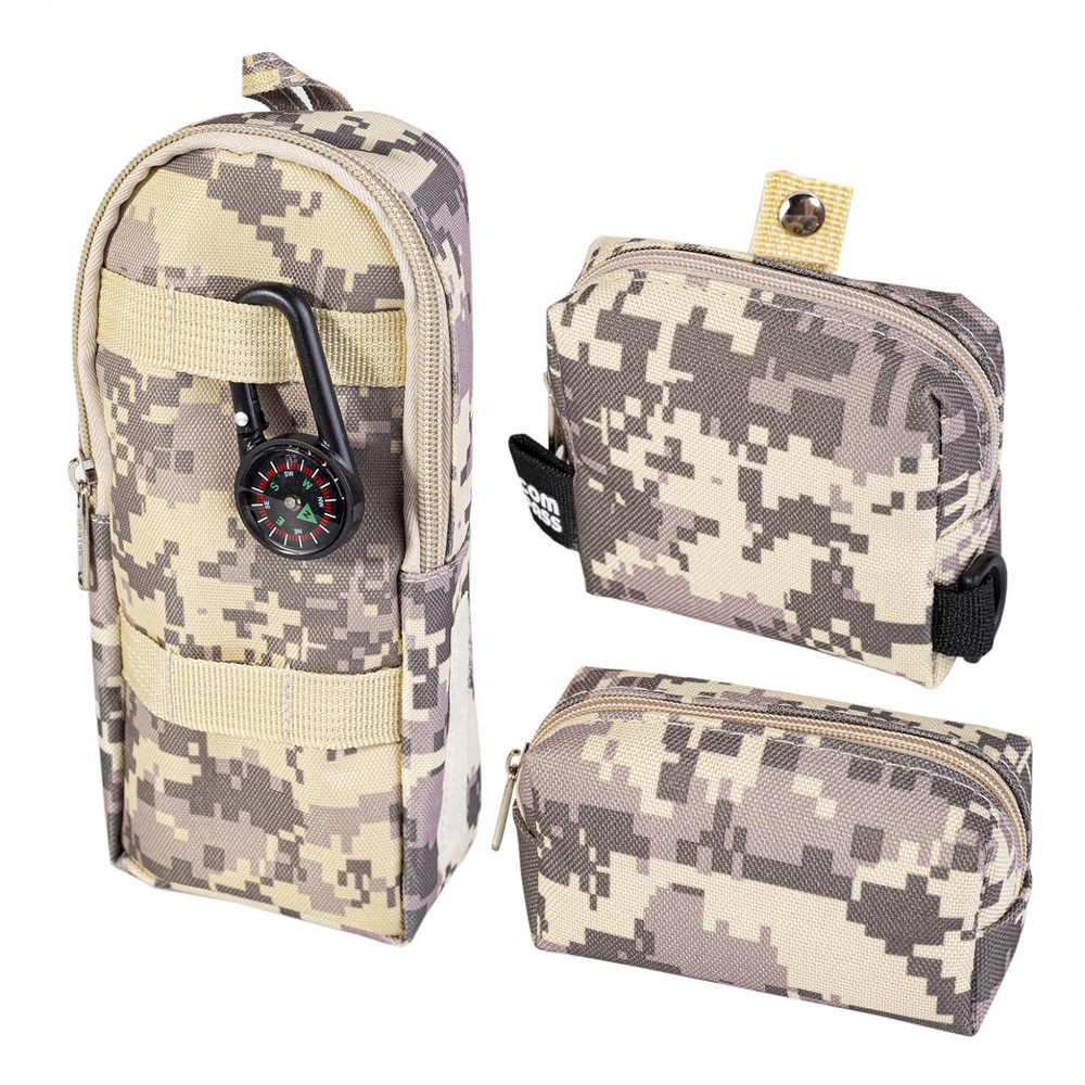 Пенал - косметичка Alingar, ткань, молния, три кошелька-кармана, брелок-компас, 210 х 170 х 40 мм, "Compass", ассорти комуфляж