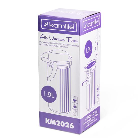Термос 1900 мл. со стеклянной колбой и помпой Kamille KM-2026