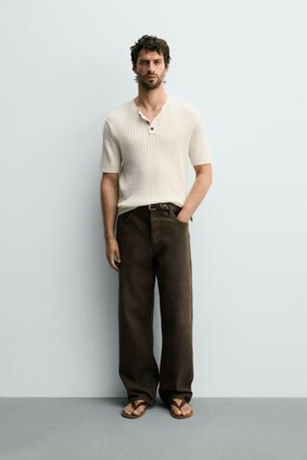 ZARA ФУТБОЛКА В РУБЧИК С ВОРОТНИКОМ ХЕНЛИ, ЭКРЮ