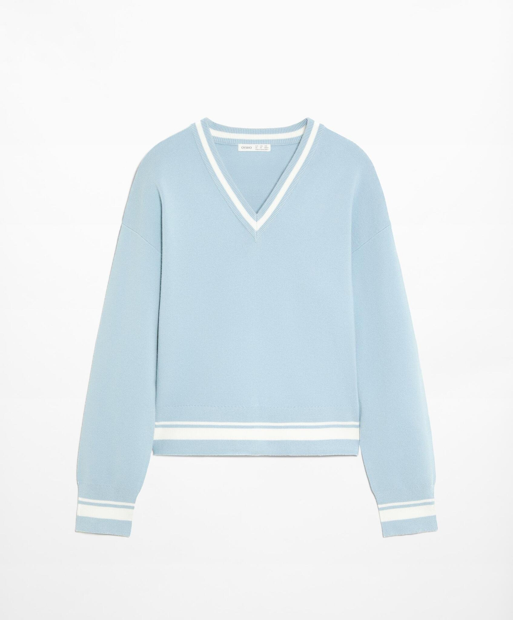 Oysho Свитер из трикотажа с V-образным вырезом, пастельно-синий