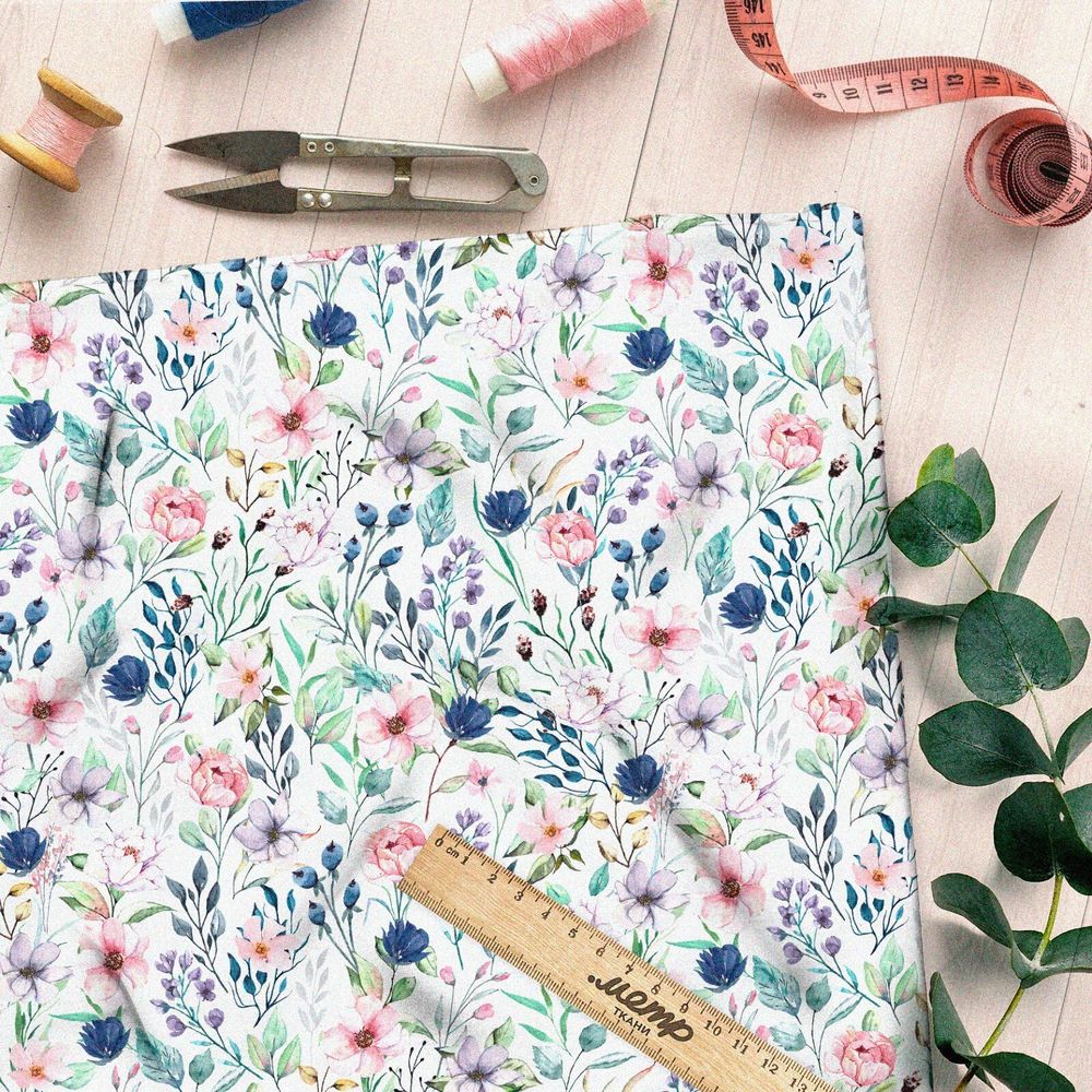 Ткань штапель букеты с листьями и бутонами