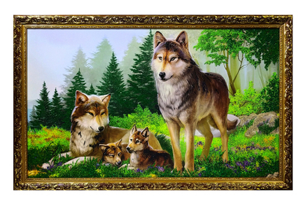 Репродукция №7 "Волки с волчатами" в деревянном багете с подсыпкой уральскими минералами. размер 57-76-2.5см вес 2.3кг