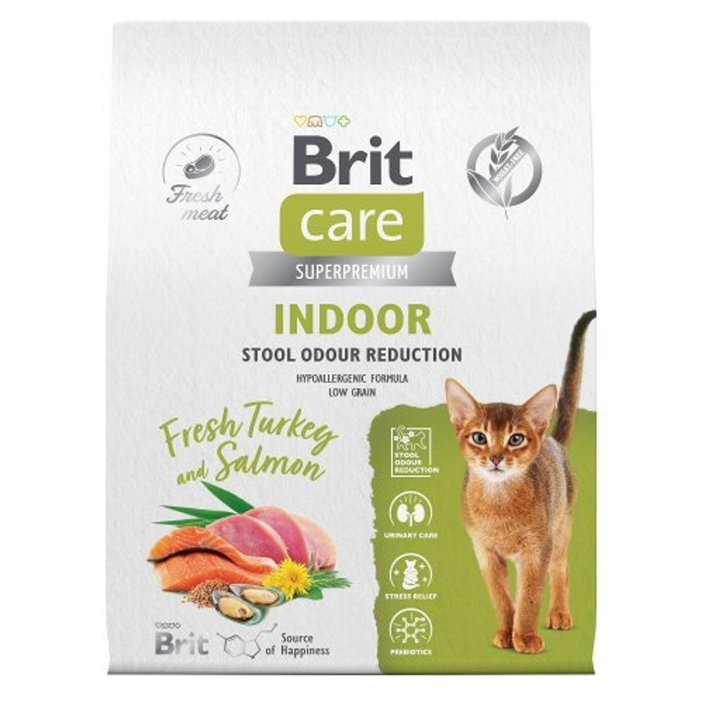 Сухой корм для взрослых домашних кошек с лососем и индейкой Cat Indoor Stool Odour Reduction BRIT CARE 7кг