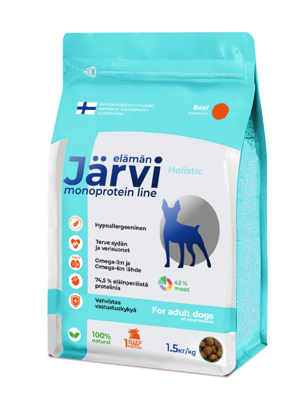 Jarvi сухой монопротеиновый полнорационный корм для взрослых собак мелких пород,говядина, 1,5кг.