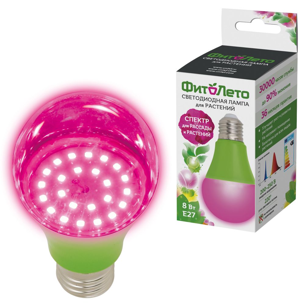 LED-A60-8W-SPSB-E27-CL PLP30GR Лампа светодиодная для растений. Форма A. прозрачная. Спектр для рассады и цветения. Картон. ТМ ФитоЛето