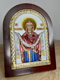 Покрова БМ, икона арочная, красное дерево, эмаль 175х225