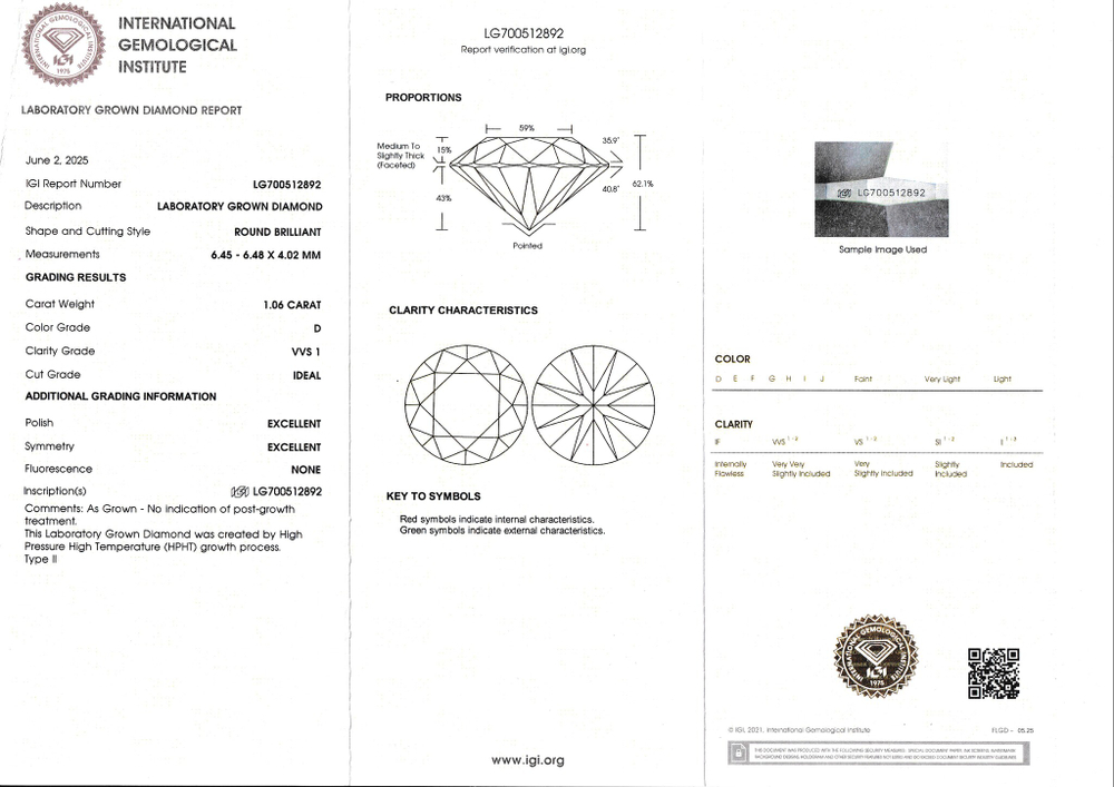 Лабораторно-выращенный бриллиант Кр-57 6.45-6.48 мм D/VVS1 1.06 ct