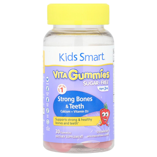 Kids Smart, Kids Smart®, Vita Gummies, для укрепления здоровья костей и зубов, кальций и витамин D3, для детей от 3 лет, клубника, 30 жевательных таблеток