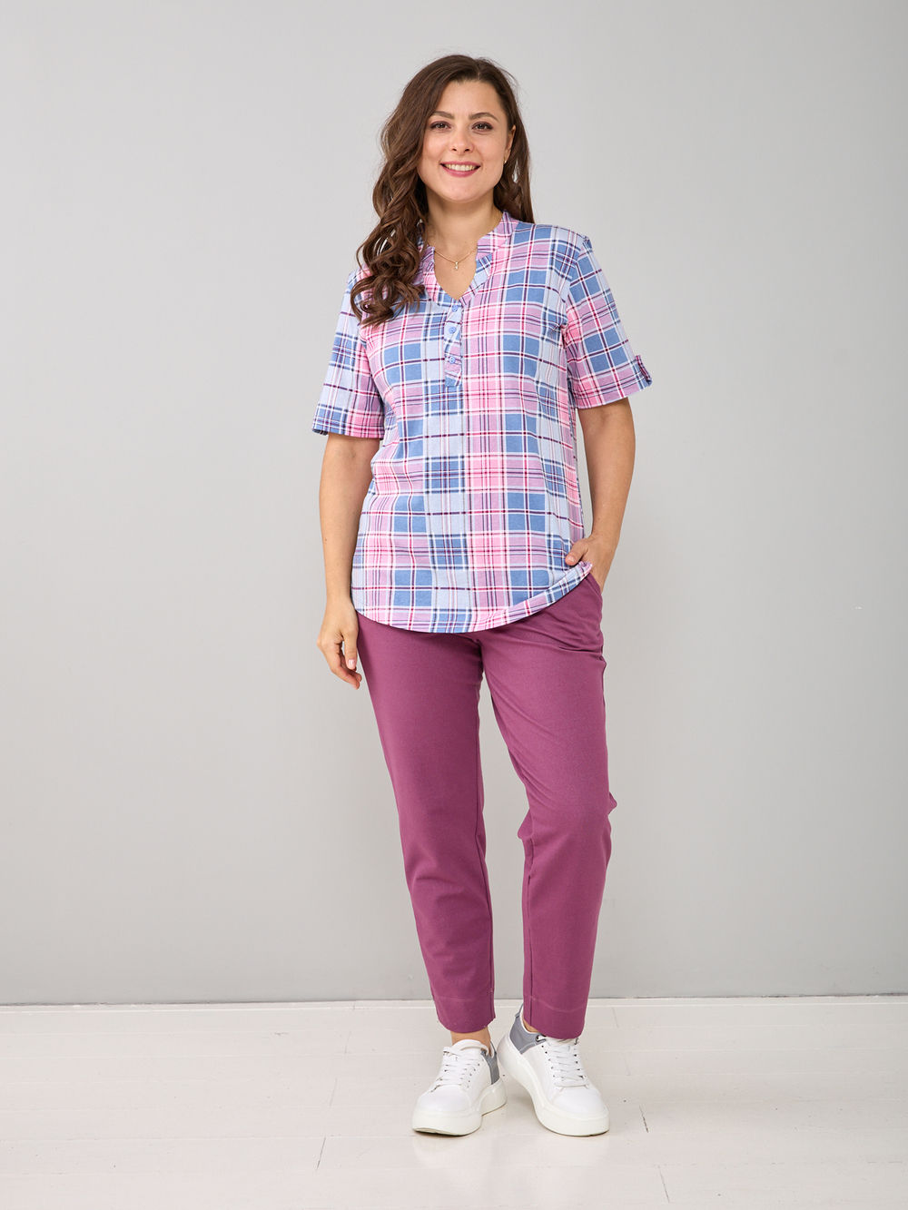 Блузка БЛ-122/сероголубой-розклетка