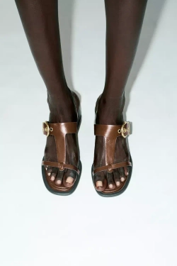 ZARA КОЖАНЫЕ БОСОНОЖКИ НА ШИРОКОМ КАБЛУКЕ, КОРИЧНЕВЫЙ