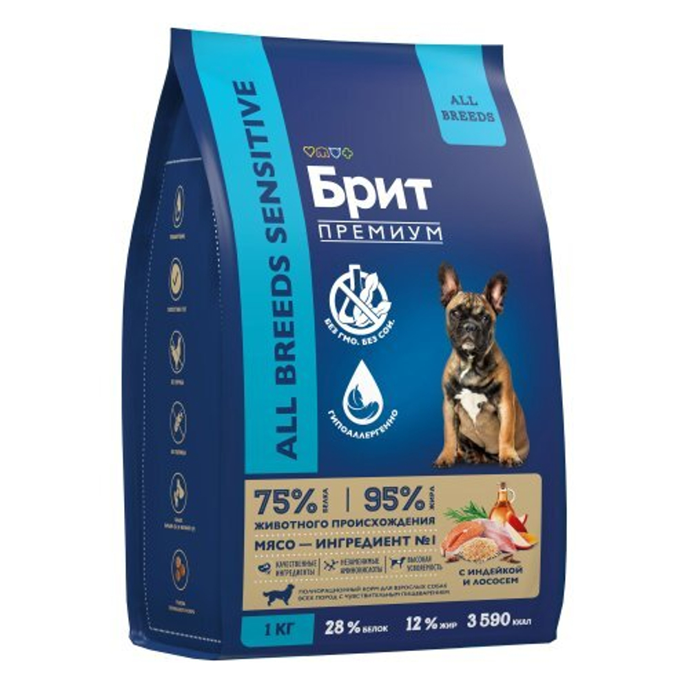 Корм для собак сухой BRIT PREMIUM с лососем и индейкой для собак "Dog Sensitive", 1 кг