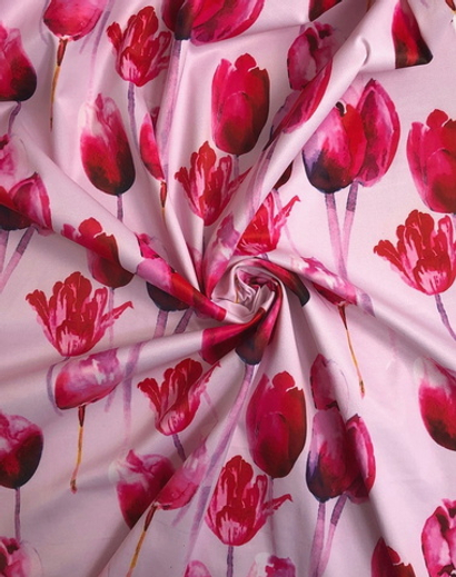 Атлас принт тюльпаны красные на розовом, плотный, глянцевый NEW PARIS D7C1