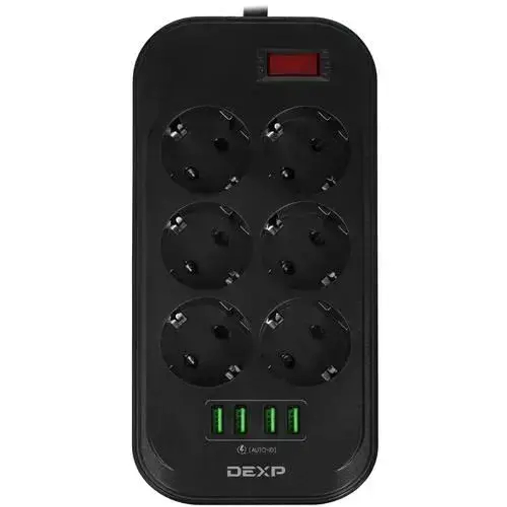 Сетевой фильтр, 6 розеток, длина шнура 2 м, цвет: черный