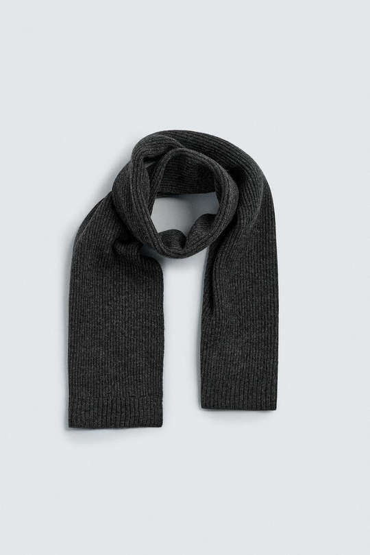 ZARA ВЯЗАНЫЙ ШАРФ ИЗ 100% ШЕРСТИ, СЕРЫЙ