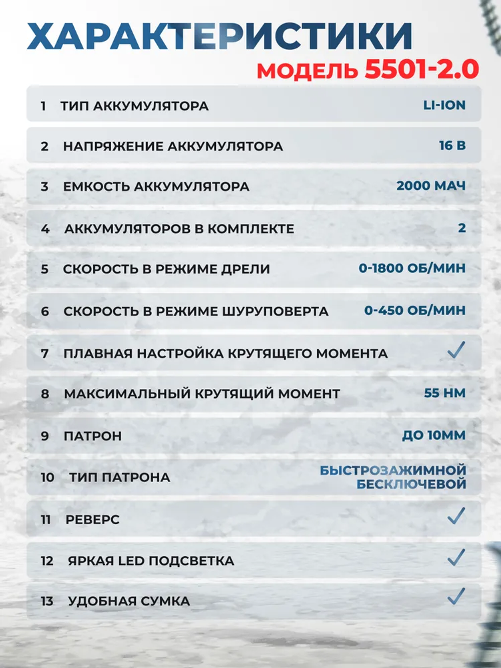 Аккумуляторная дрель - шуруповерт с бесщеточным двигателем MABAR 5501-2.0