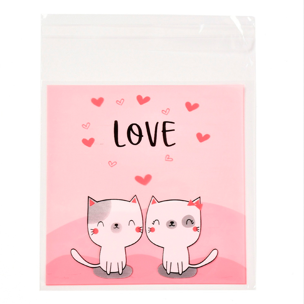 100 пакетов 10х10+3 см с рисунком котята Love и клеевым клапаном