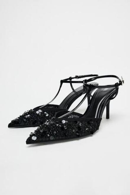 ZARA ТУФЛИ-МЮЛИ НА КАБЛУКЕ С БЛЕСТЯЩИМИ ДЕТАЛЯМИ, ЧЕРНЫЙ