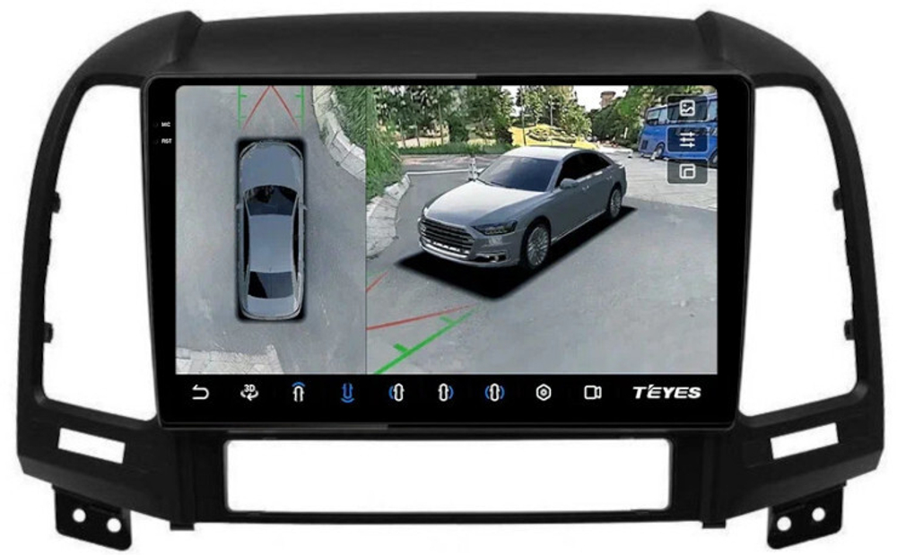 Магнитола для Hyundai Santa Fe 2 CM 2006-2012 (рамка черная) - Teyes CC3-2K-360 на Android 10, 2K QLED, 6Гб+128Гб, CarPlay, 4G SIM-слот, 4 камеры в комплекте