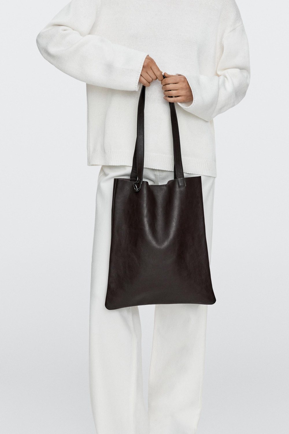 Massimo Dutti Сумка-тоут из кожи наппа с деталью в виде клатча, коричневый