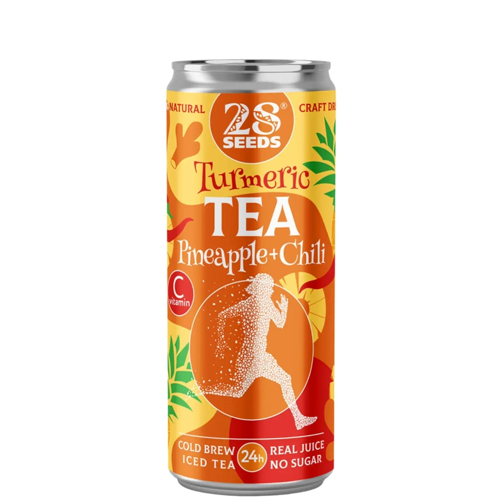 Куркуминный чай «Колд брю» Ананас и Чили 28SEEDS, функциональный холодный чай в банке, вид спереди