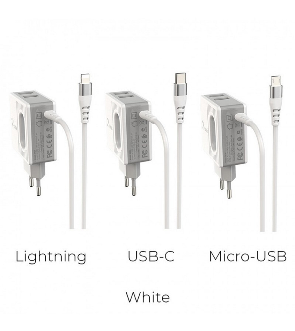 Сетевой адаптер питания BOROFONE BA34A 2USB 2.4A + встроенный кабель Type-C (белый)