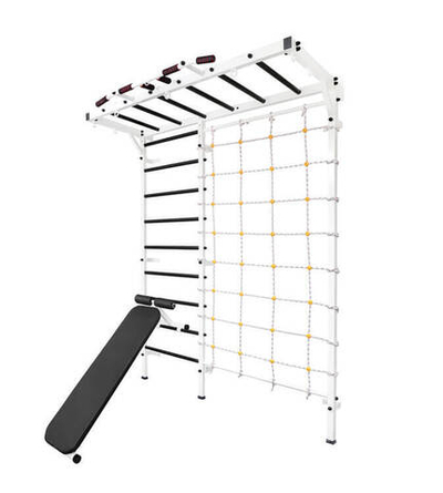 Детская шведская стенка турник-рукоход по всей длине, скамья, сетка