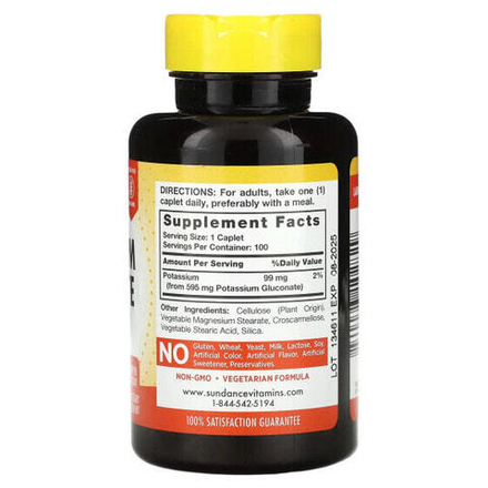 Калий Sundance Vitamins, Глюконат калия, 595 мг, 100 капсул
