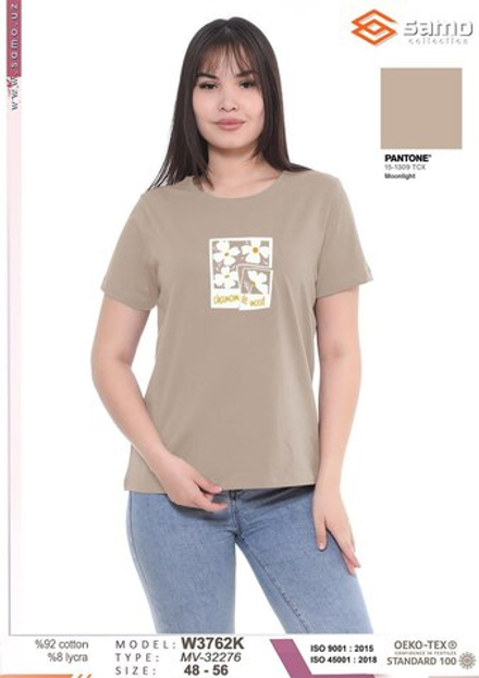 3762 Футболка женская с принтом, бежевый (56)