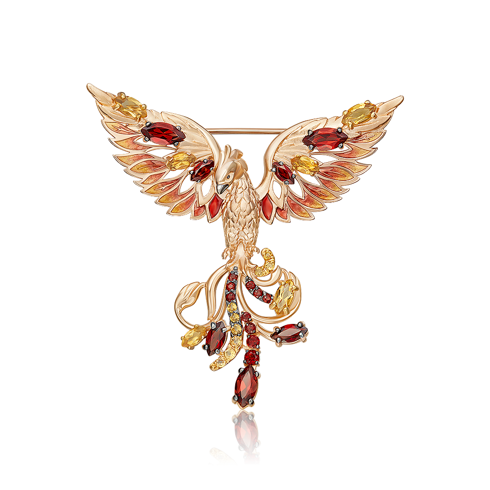 Брошь «Феникс» из красного золота с гранатами, цитринами и эмалью