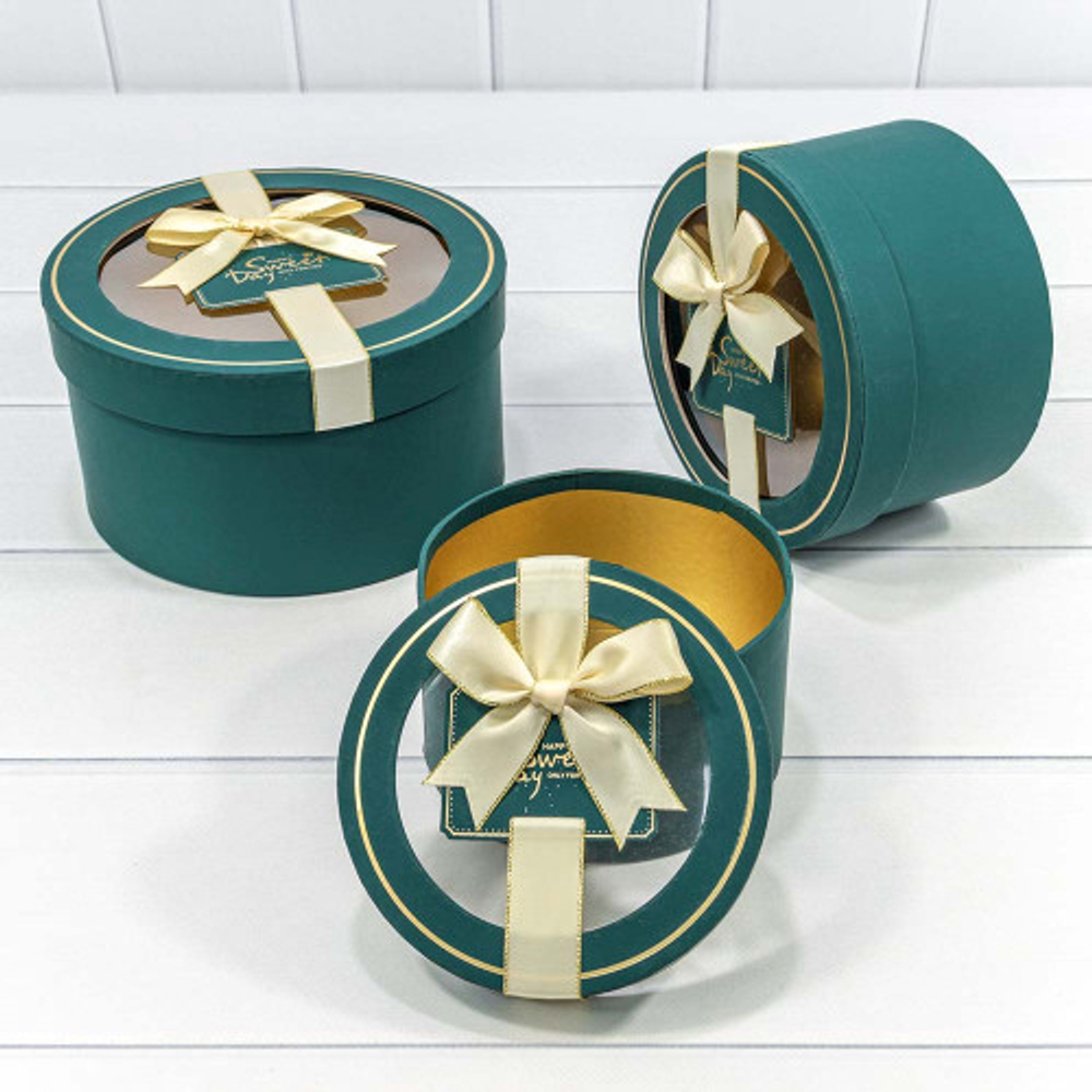 Коробка 21х11.5 см Набор 3 шт с окошком и бантом (Зеленый, Синий)