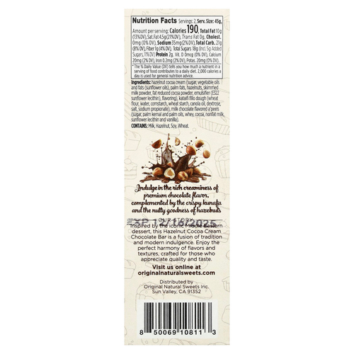 Original Natural Sweets, дубайский батончик с фундуком, какао-кремом, 91 г (3,2 унции)