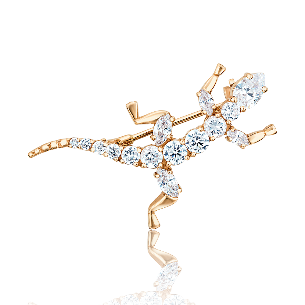 Брошь «Ящерица» из красного золота с фианитами