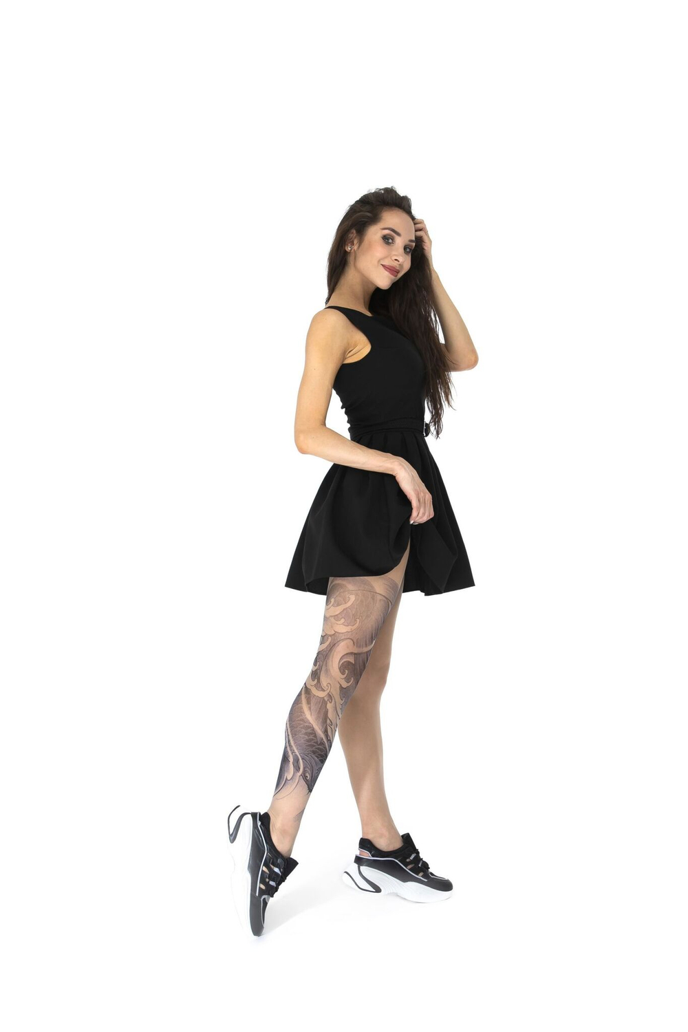 Колготки с принтом в виде черного карпа кои на правой ножке (Размер: S-M-L) (Цвет: бежевый)