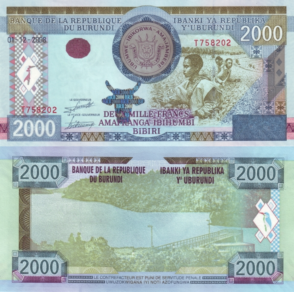 Бурунди 2000 франков 2008 Озеро UNC