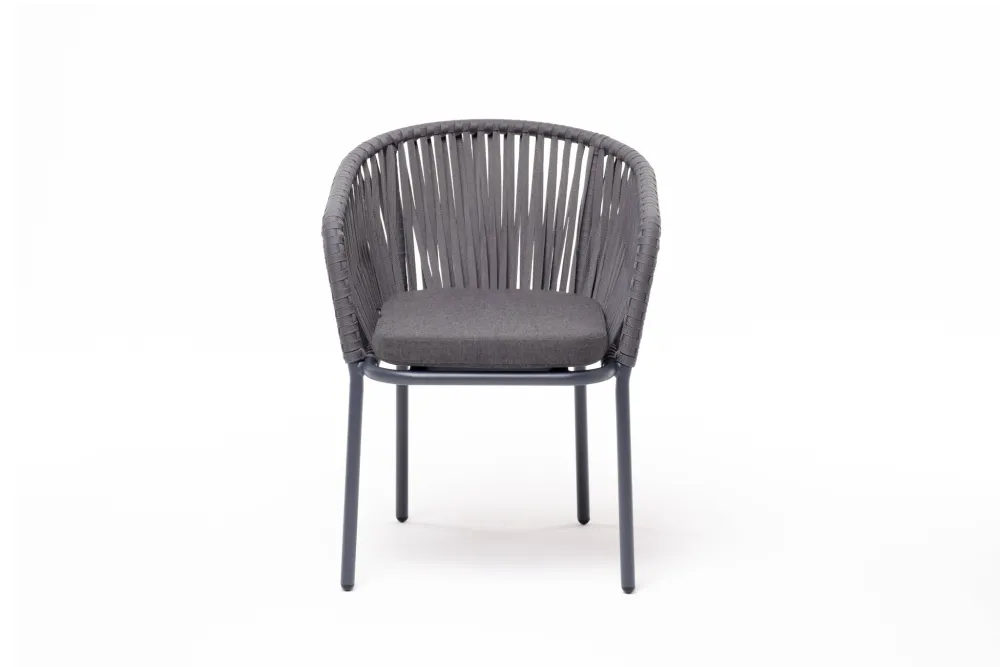 "Бордо" стул плетеный из роупа, каркас алюминий темно-серый (RAL7024) муар, роуп серый 15мм, ткань темно-серая 027