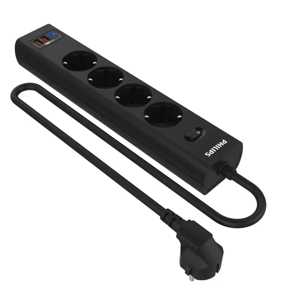 Сетевой фильтр удлинитель Philips CHP8246BA/51 с четырьмя стандартными розетками EU, 2 USB-A, Type-C, с заземлением и защитой от перегрузок, 2 м, черный