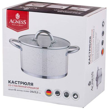 КАСТРЮЛЯ AGNESS СО СТЕКЛЯННОЙ КРЫШКОЙ, НЕРЖ.СТАЛЬ, СЕРИЯ АРКТИК 6,0Л 24Х13,5СМ