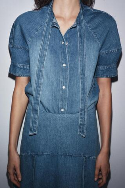 ZARA ДЖИНСОВАЯ РУБАШКА С ЗАВЯЗКАМИ — ZW COLLECTION, ВЫЦВЕТШИЙ СИНИЙ