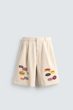 ZARA БЕРМУДЫ BAGGY FIT С НАШИВКАМИ, БЕЖЕВЫЙ