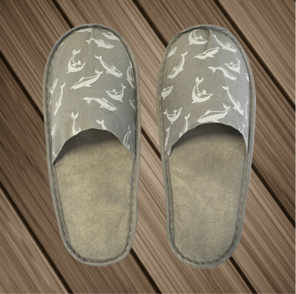 Тапки спанбонд, закрытый мыс (100 пар) одноразовые, дельфины, тематические УЗО, серые, серая окантовка