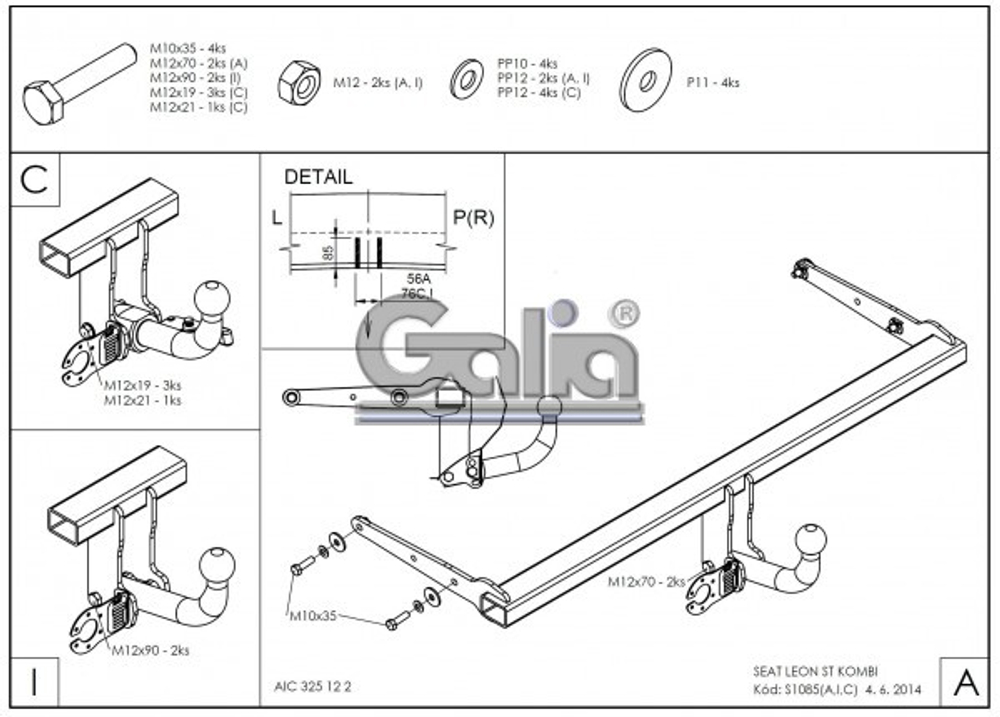 Фаркоп оцинкованный Galia S108A для SEAT Leon ST универсал 2013-(паспорт и сертификат в комплекте)(без электрики)