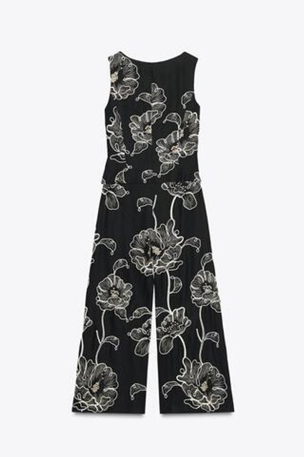 ZARA КОМБИНЕЗОН С ВЫШИВКОЙ В ВИДЕ ЦВЕТОВ, ЧЕРНЫЙ/ЭКРЮ