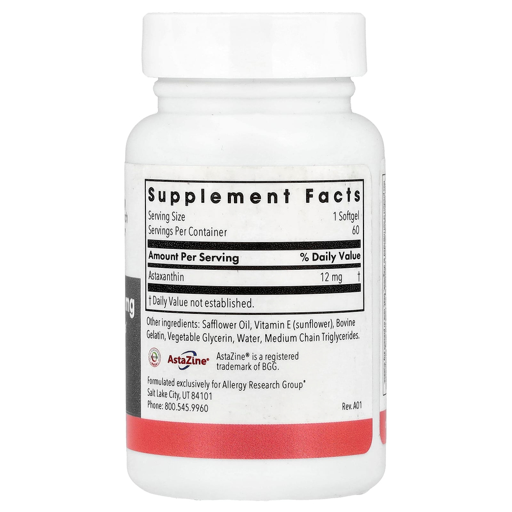 Allergy Research Group, Астаксантин, AstaZine из чистых микроводорослей, 12 мг, 60 мягких таблеток