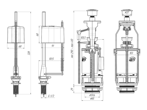 Арматура к смыв. бачку 2-ух Кноп. металл нижн/подв. WC3550М ЭКОНОМ