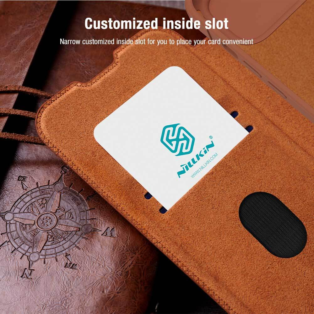 Кожаный чехол книжка коричневого цвета от Nillkin для iPhone 15, серия Qin Pro Leather с защитной шторкой для камеры