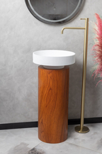 Раковина накладная рифленая SOLE Corian 400*130 Matte white + Пьедестал для раковины Corian 300*720 Red Wood