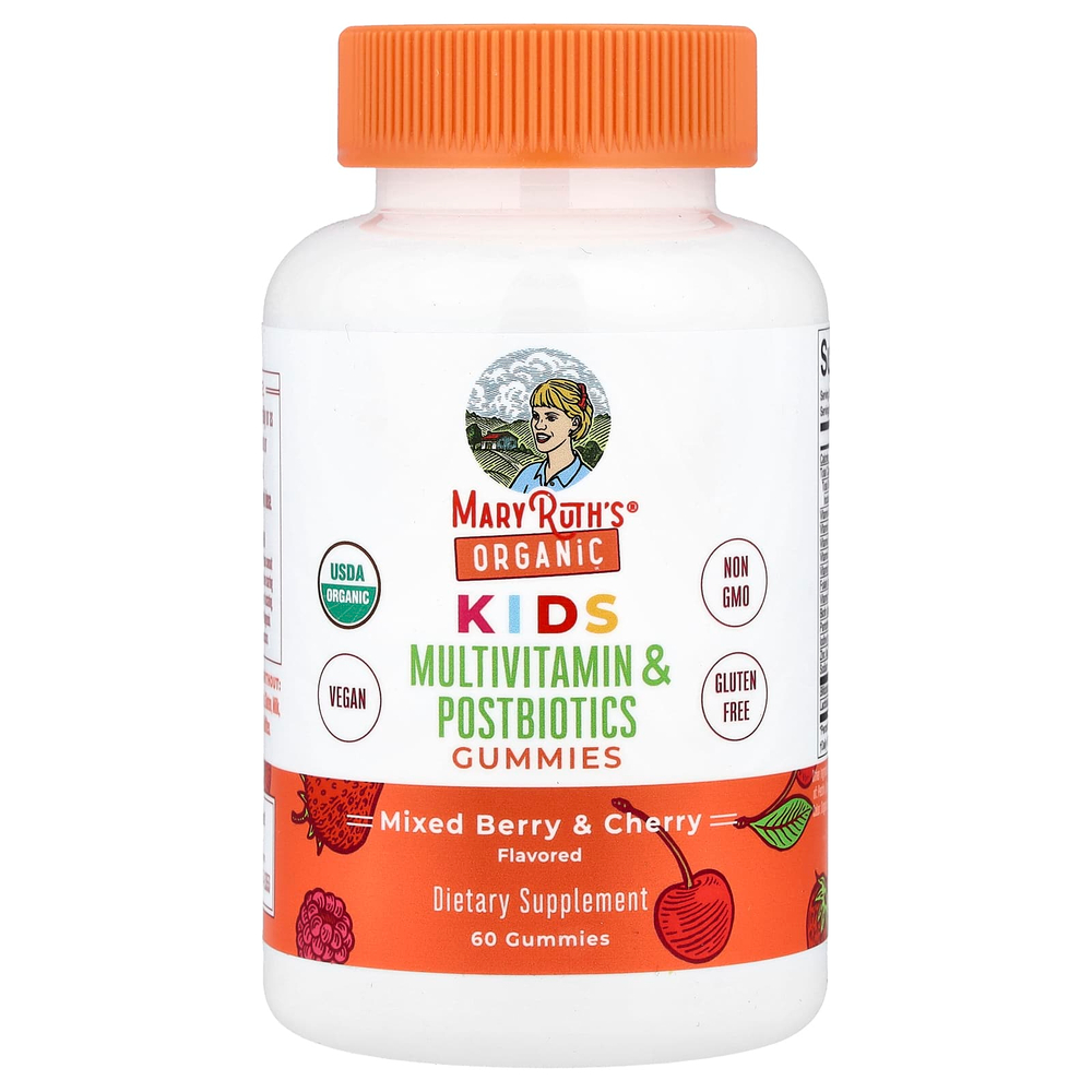 MaryRuth's, Organic, для детей, мультивитамины и жевательные таблетки от постбиотиков, смесь ягод и вишни, 60 жевательных таблеток